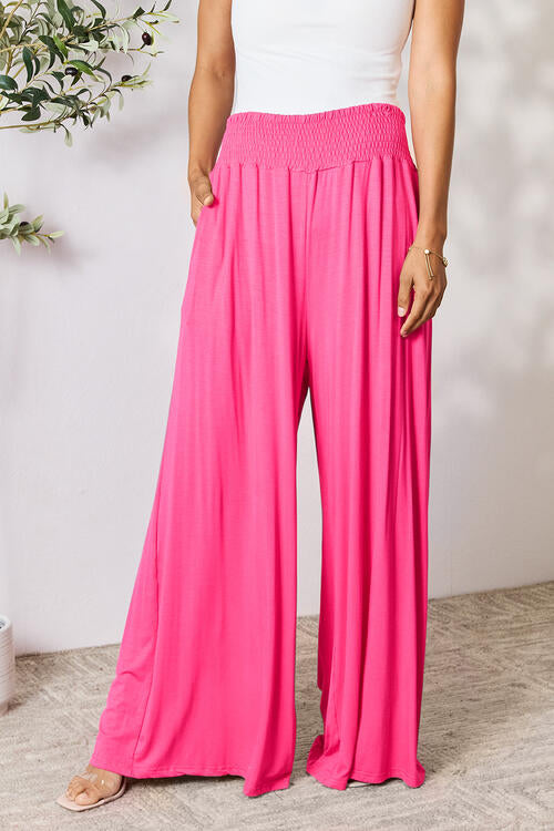 Double Take Smocked Wide Waistband Wide Leg Pants