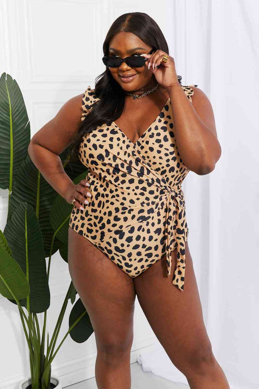 Marina West Swim Float On Ruffle Faux Wrap One-Piece in Leopard