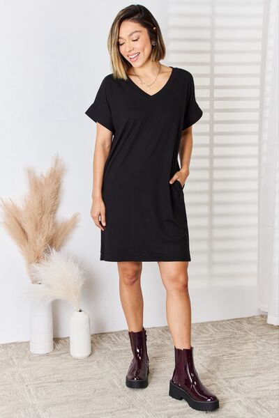 Zenana Rolled Short Sleeve V-Neck Dress