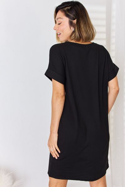 Zenana Rolled Short Sleeve V-Neck Dress