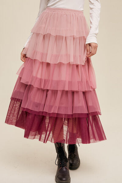 Elastic Waist Layered Tulle Midi Skirt