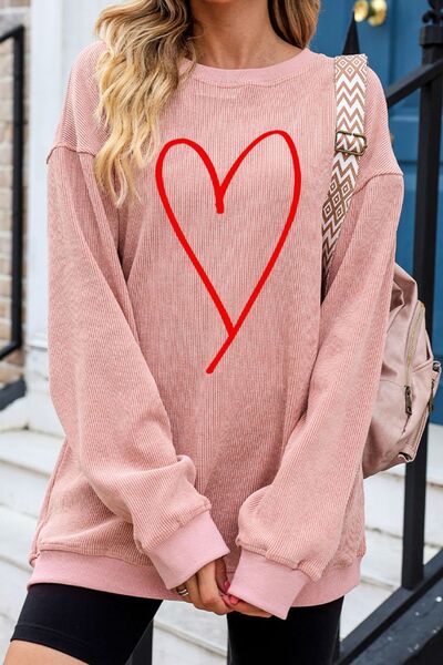 Heart Round Neck Dropped Shoulder Sweatshirt