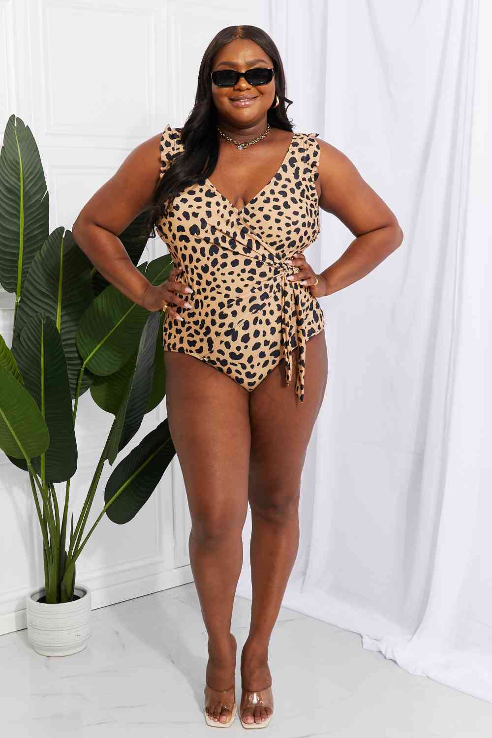 Marina West Swim Float On Ruffle Faux Wrap One-Piece in Leopard