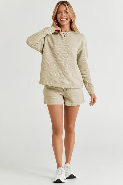 Double Take Texture Long Sleeve Top and Drawstring Shorts Set