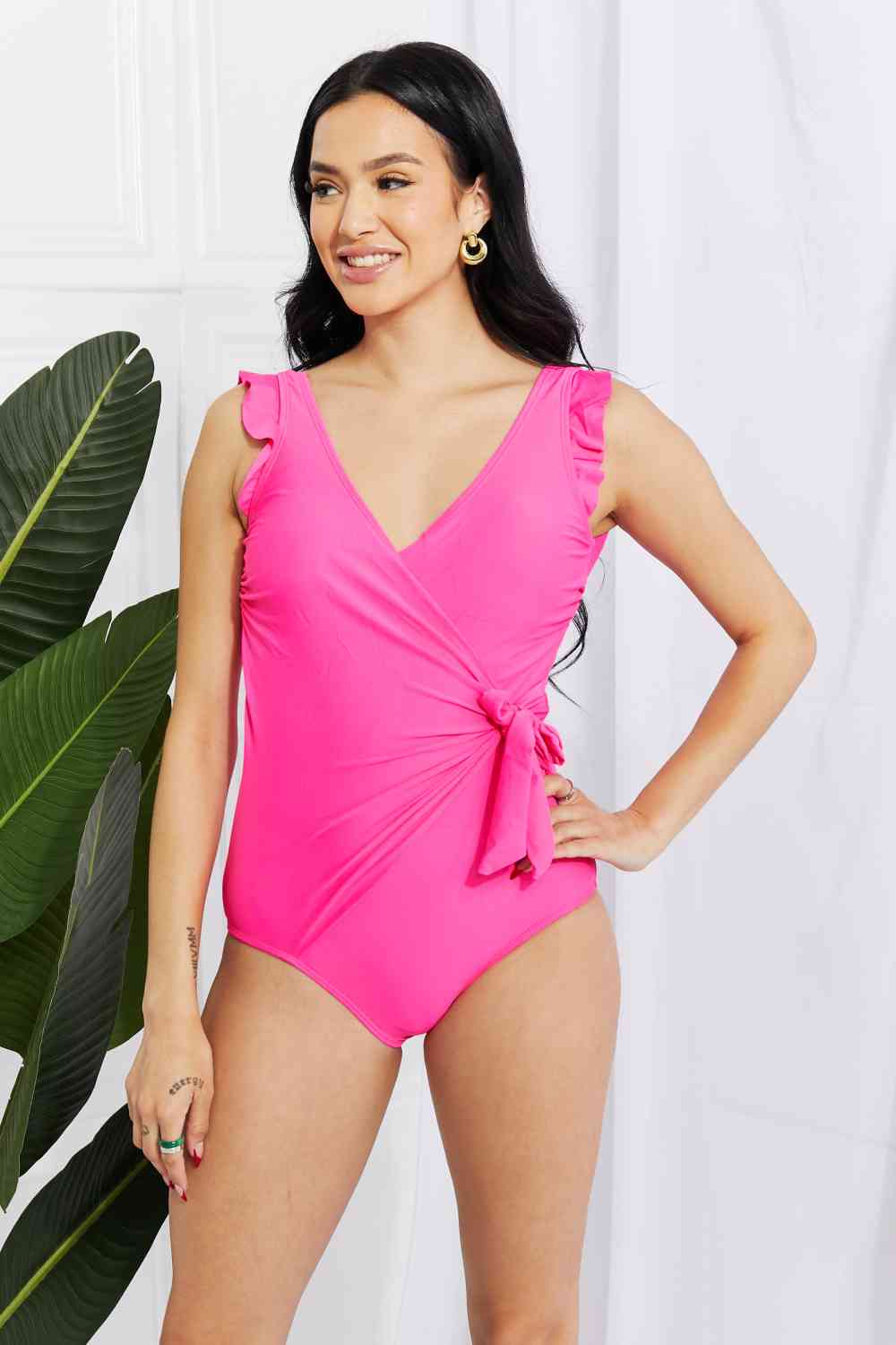 Marina West Swim Float On Ruffle Faux Wrap One-Piece in Pink