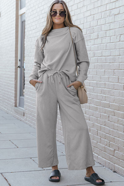 Double Take Textured Long Sleeve Top and Drawstring Pants Set