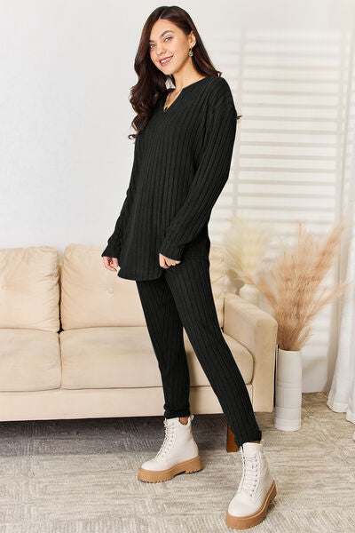 Basic Bae Notched Long Sleeve Top and Pants Set